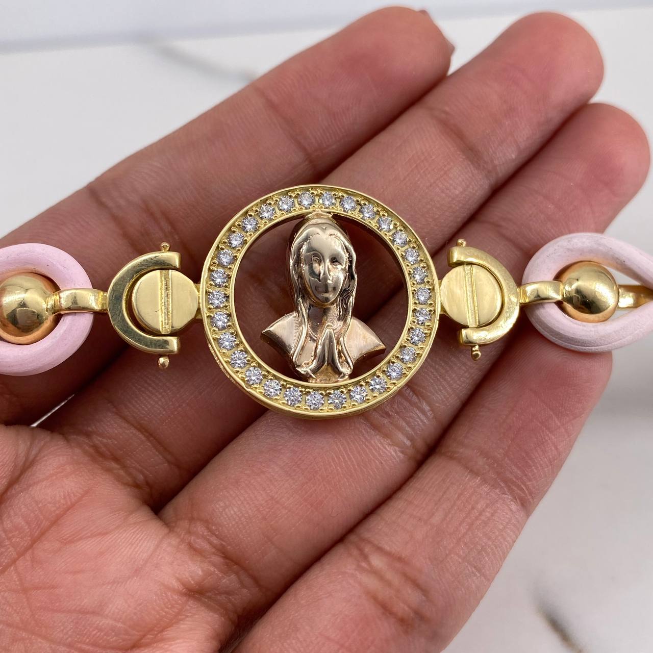 Pulso Virgen Maria 14.65gr / 19cm / Circones Blancos Dos Oros Amarillo Rosa 18K #