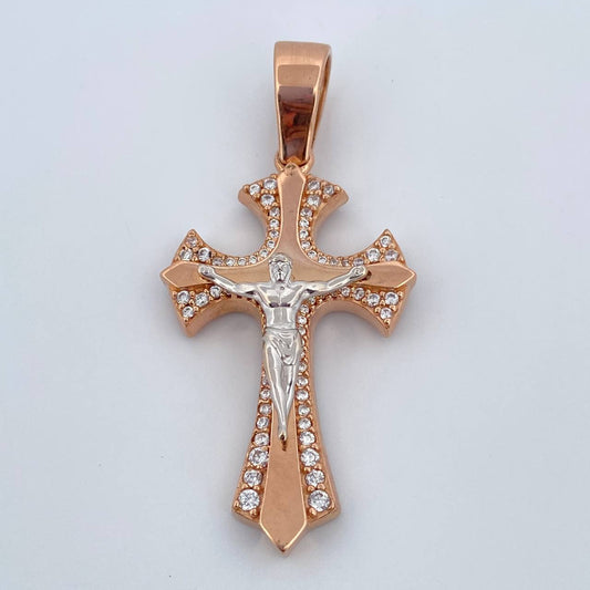 Dije Cruz Cristo Gotica 12.65gr / 5.3cm / Circones Blancos Dos Oros Blanco Rosa 18K $