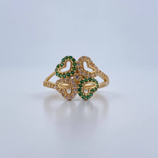 Anillo Trebol Corazon 2.85gr / T6 1/2 / Circones Blancos Verdes Oro Amarillo 18K $