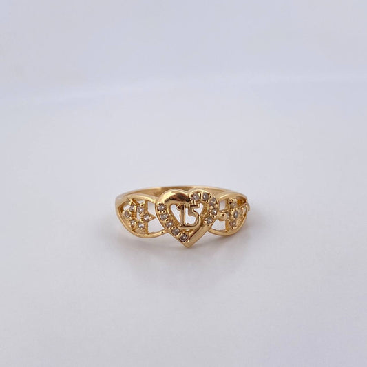 Anillo Cruz Corazon 15's 2.2gr / T5 1/4 / Circones Blancos Oro Amarillo 18K $