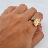 Anillo Virgen Guadalupe 5.85gr / T7 1/2 / Circones Blancos Azules Dos Oros Amarillo Rosa 18K &