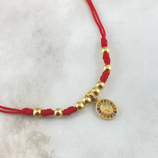 Choker Rojo Virgen Milagrosa Circones Colores 1.45gr / 4mm Bolas Lisas 8 Und Oro Amarillo 18K