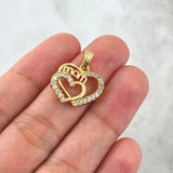 Dije Doble Corazón Mom 3.2gr / 2cm / Circones Blancos Oro Amarillo 18K ©