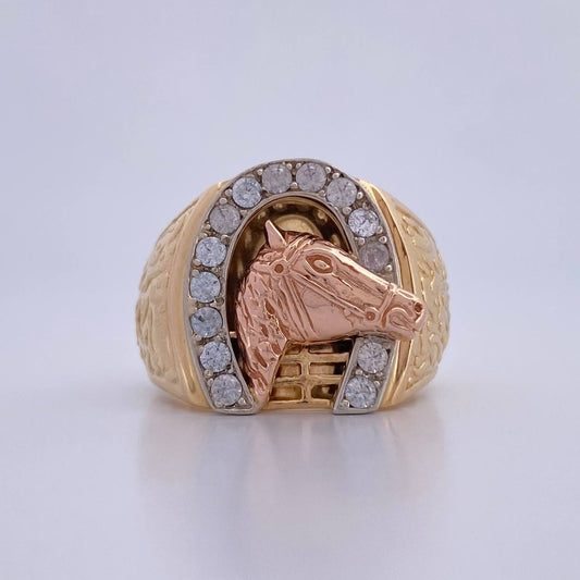 Anillo Caballo Herradura 16.4gr / T9 1/2 / Circones Blancos Tres Oros 18K $