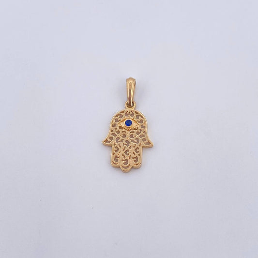 Dije Mano Hamsa 1.35gr / 2.5cm / Circon Azul Oro Amarillo 18K &