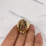 Anillo Virgen Guadalupe 14.75gr / T9 1/2 / Circones Fucsias Verdes Blancos Oro Amarillo 18K $