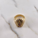 Anillo Virgen Guadalupe 14.75gr / T9 1/2 / Circones Fucsias Verdes Blancos Oro Amarillo 18K $