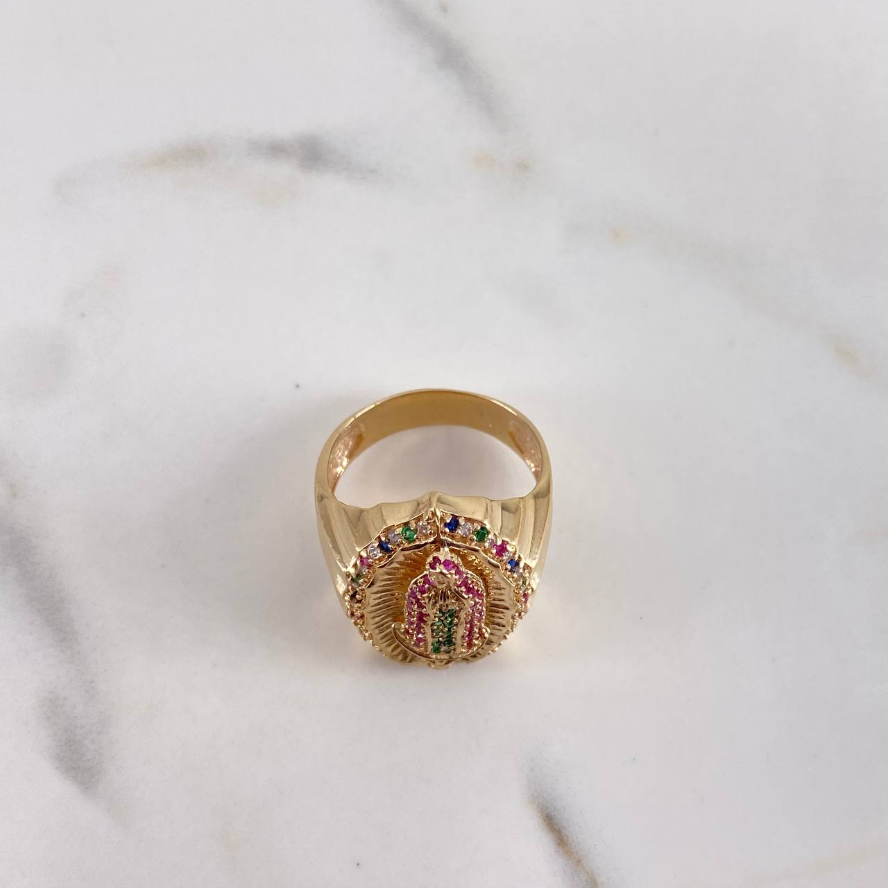 Anillo Virgen Guadalupe 8.75gr / T10 / Circones Verdes Fucsias Azules Blancos Oro Amarillo 18K $