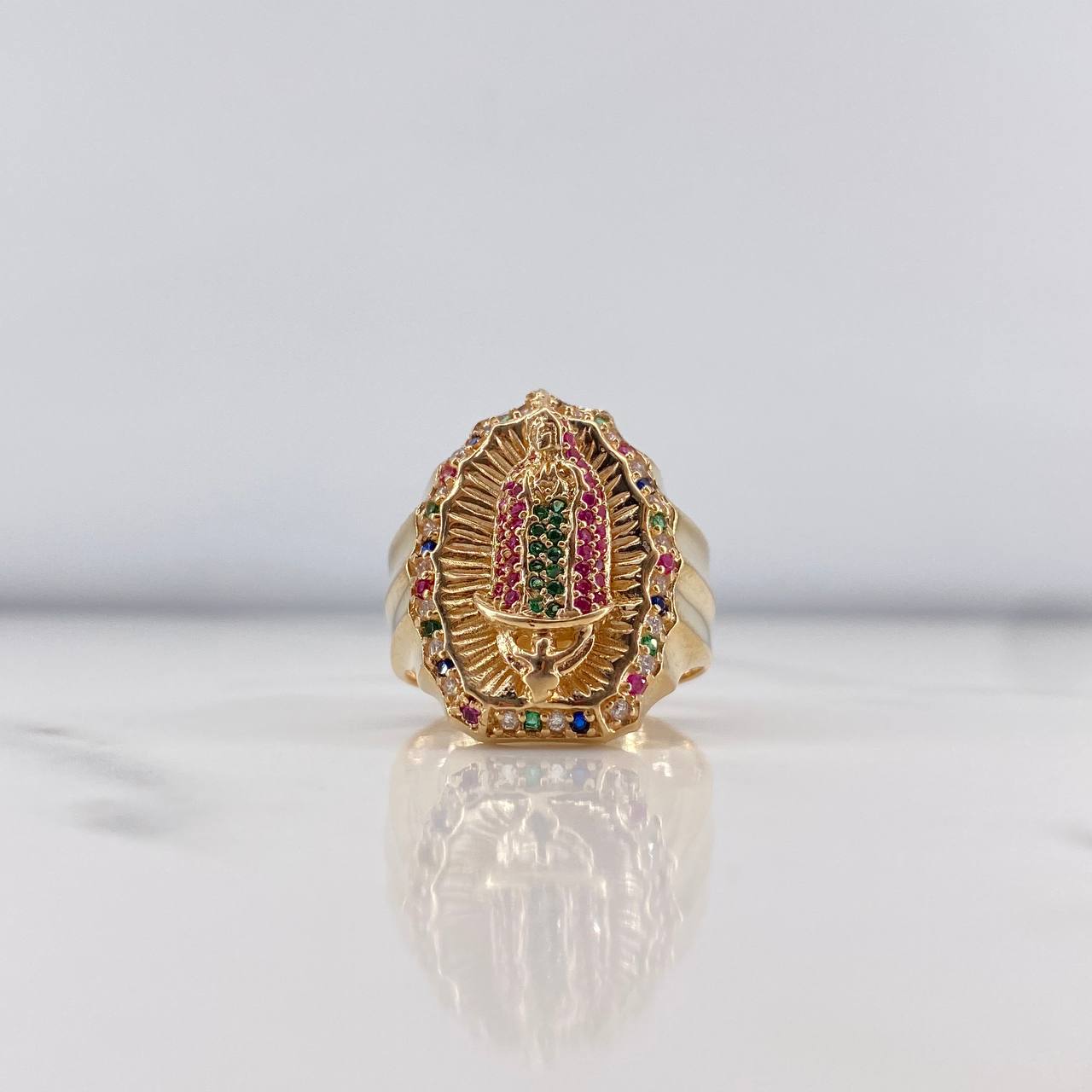 Anillo Virgen Guadalupe 8.75gr / T10 / Circones Verdes Fucsias Azules Blancos Oro Amarillo 18K $