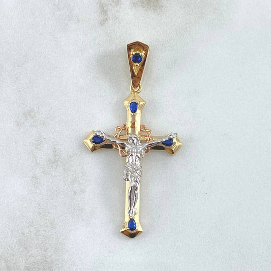 Dije Cruz Cristo 5gr / 4.9cm / Corona Espinas Circones Azul Rey Tres Oros 18K