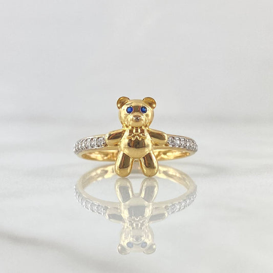 Anillo Oso En Media Churumbela 2.3gr / T6 1/2 / Ojos Azules Circones Blancos Oro Amarillo 18K