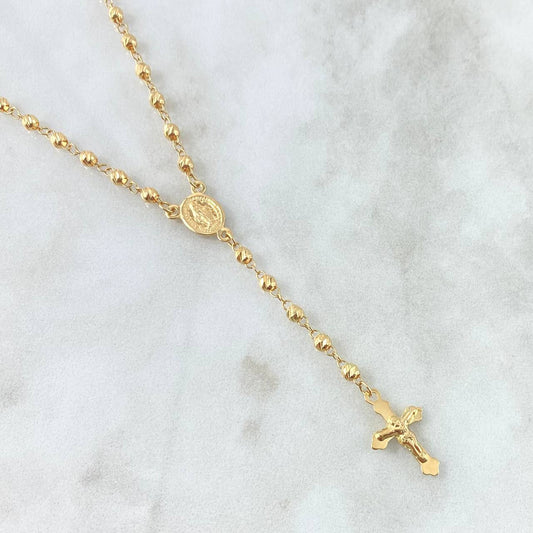 Rosario Virgen Milagrosa Cruz Puntas Floreadas 6.55gr / 50cm / 3mm4mm Bolas Diamantadas Oro Amarillo 18K