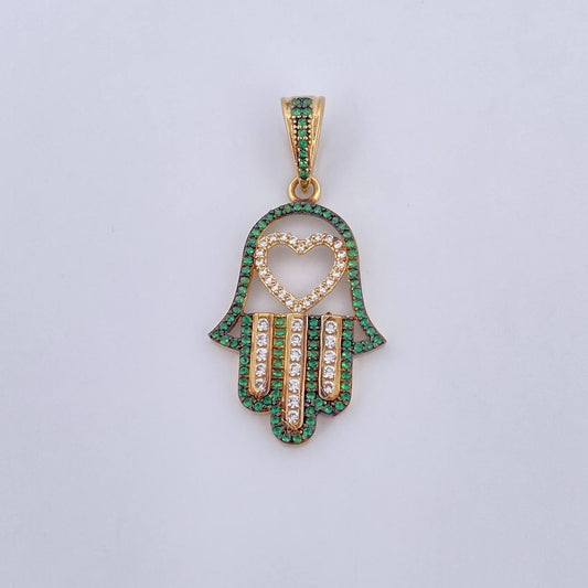 Dije Mano Hamsa 4.25gr / 4cm / Circones Verdes Blancos Dos Oros Negro Amarillo 18K &