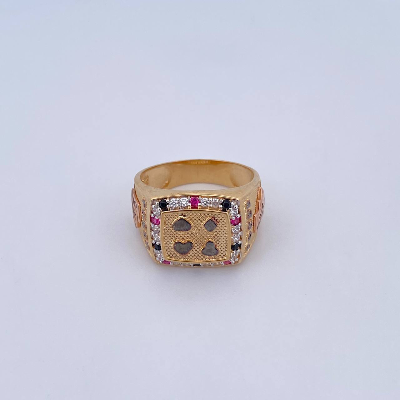 Anillo Poker 9.3gr / T10 1/4 / Circones Negros Fucsias Blancos Tres Oros 18K &