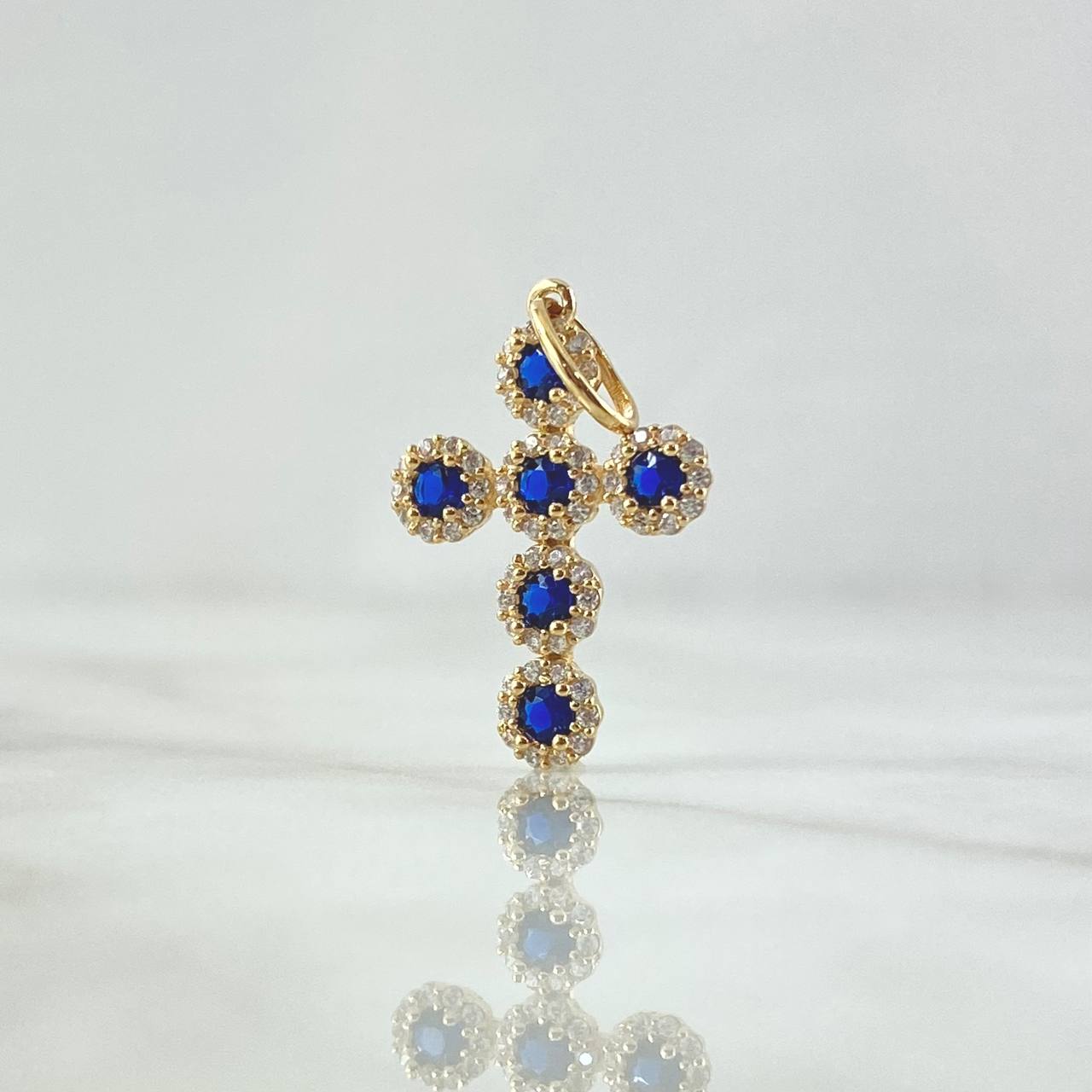 Dije Cruz Tupida 1.95gr / 2.8cm / Circones Blancos Y Azules Oro Amarillo 18K