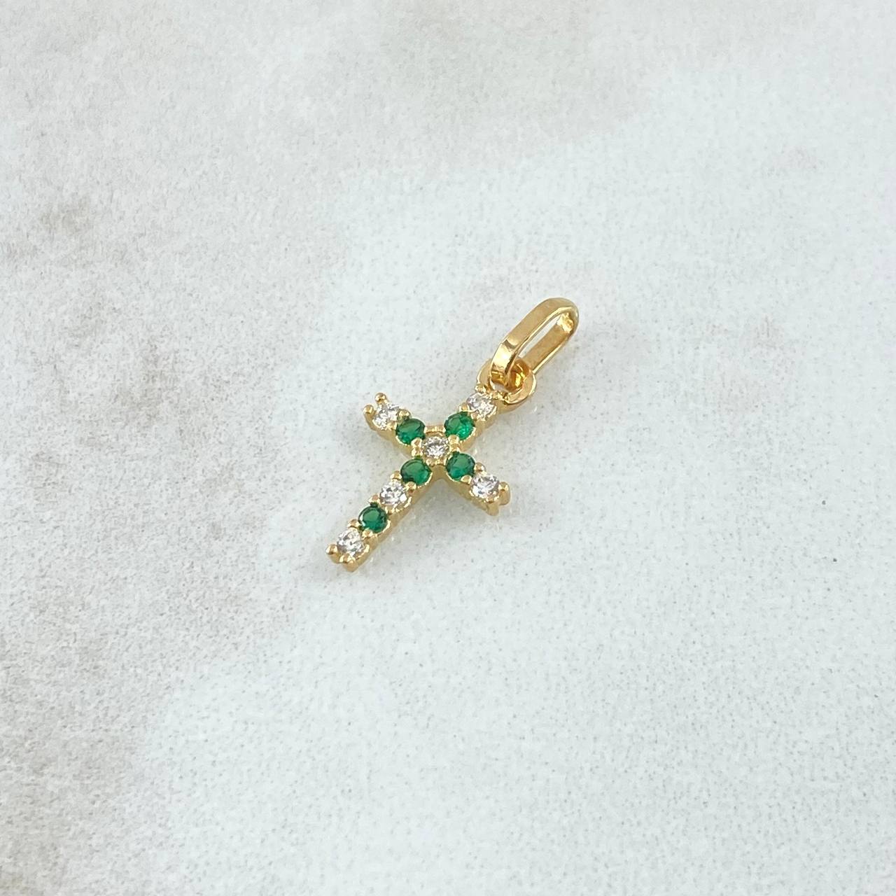 Dije Cruz 0.65gr / 2.4cm / Circones Verdes Y Blancos Oro Amarillo 18K