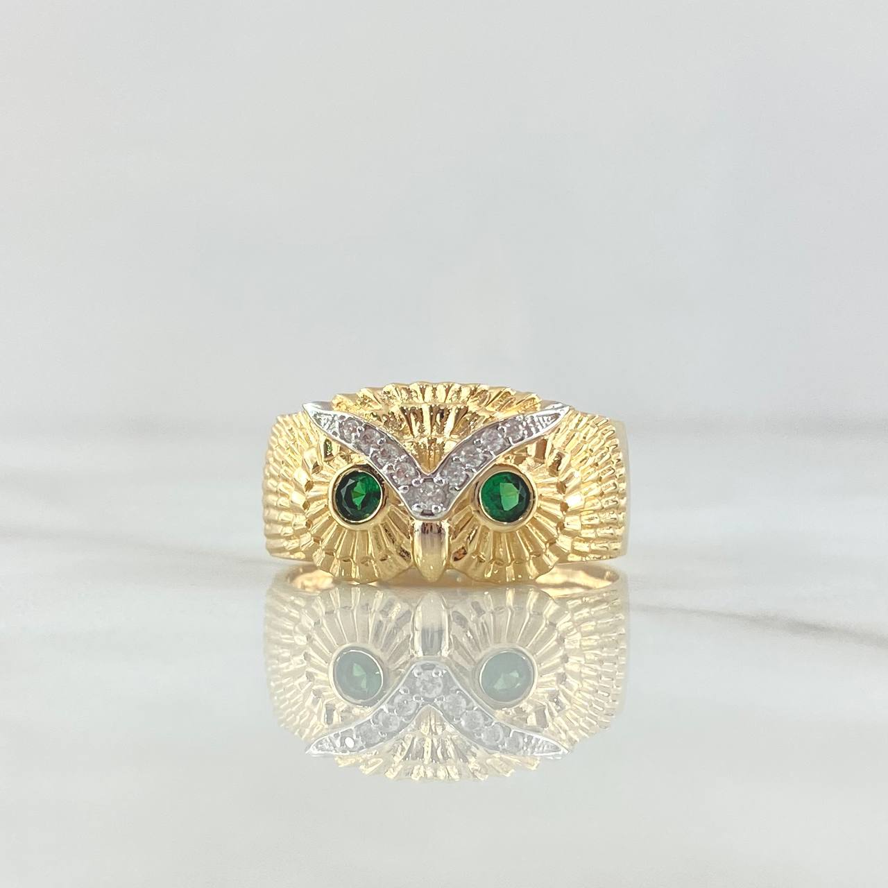 Anillo Búho 4.85gr / T9 1/4 / Circones Blancos Ojos Verdes Oro Amarillo 18K ©