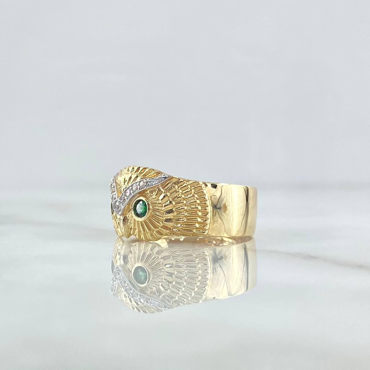 Anillo Búho 4.85gr / T9 1/4 / Circones Blancos Ojos Verdes Oro Amarillo 18K ©