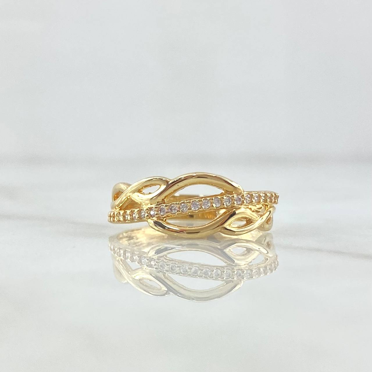 Anillo Olas Abstractas 2.2gr / T7 1/2 / Circones Blancos Oro Amarillo 18K