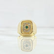 Anillo Sello Cuadro Floreado 3.9gr / T8 1/4 / Circones Blancos-Verdes Oro Amarillo 18K