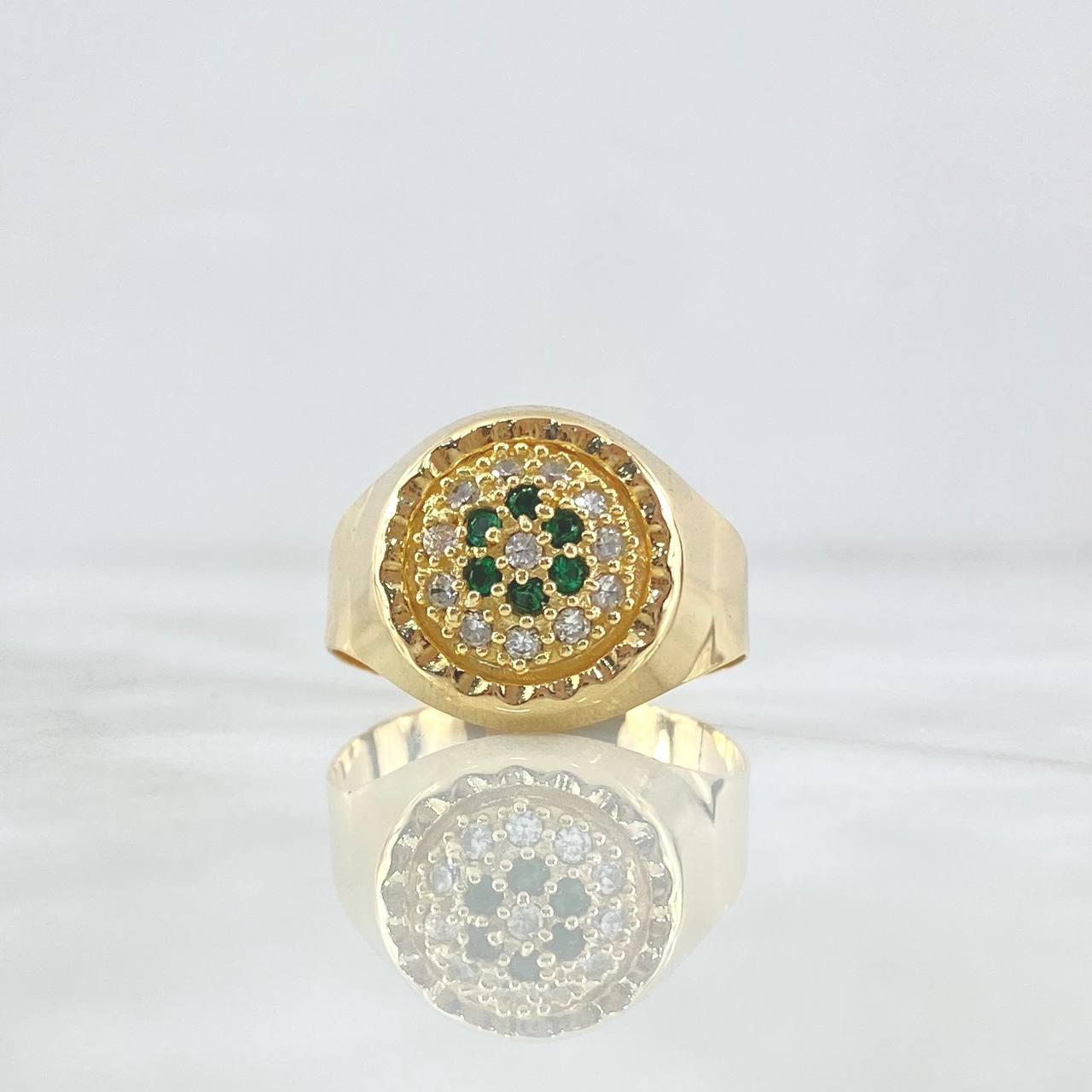 Anillo Sello Floreado 4.55gr / T10 1/4 / Circones Blancos-Verdes Oro Amarillo 18K