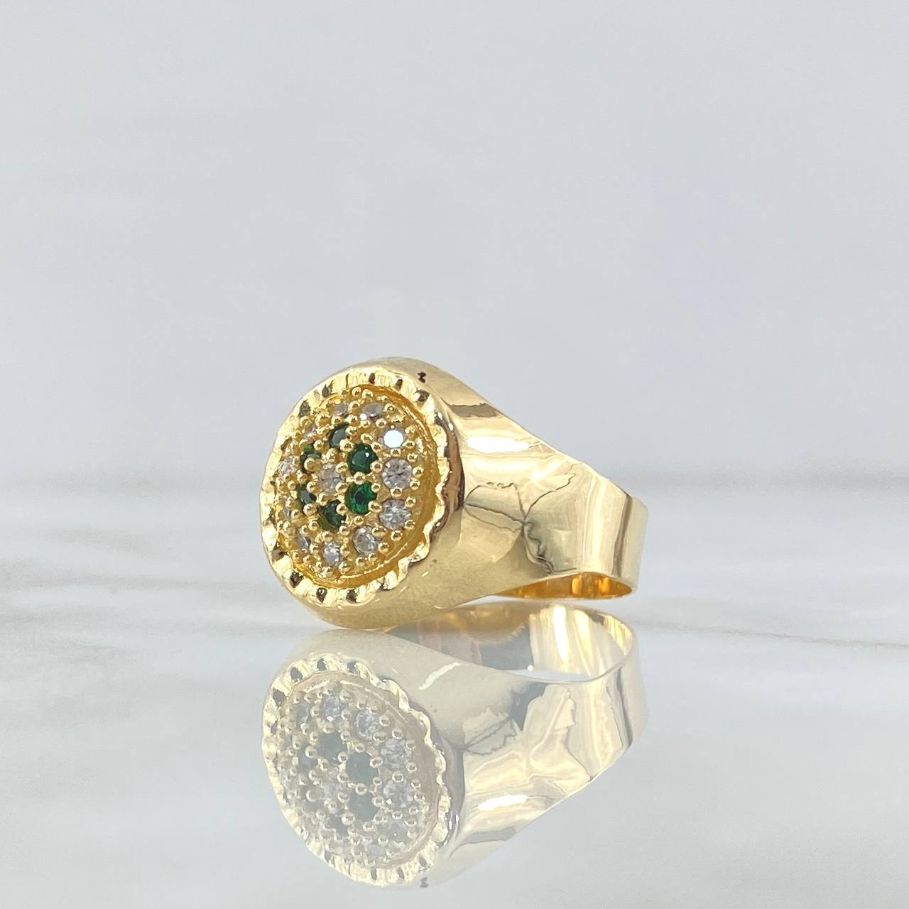 Anillo Sello Floreado 4.55gr / T10 1/4 / Circones Blancos-Verdes Oro Amarillo 18K