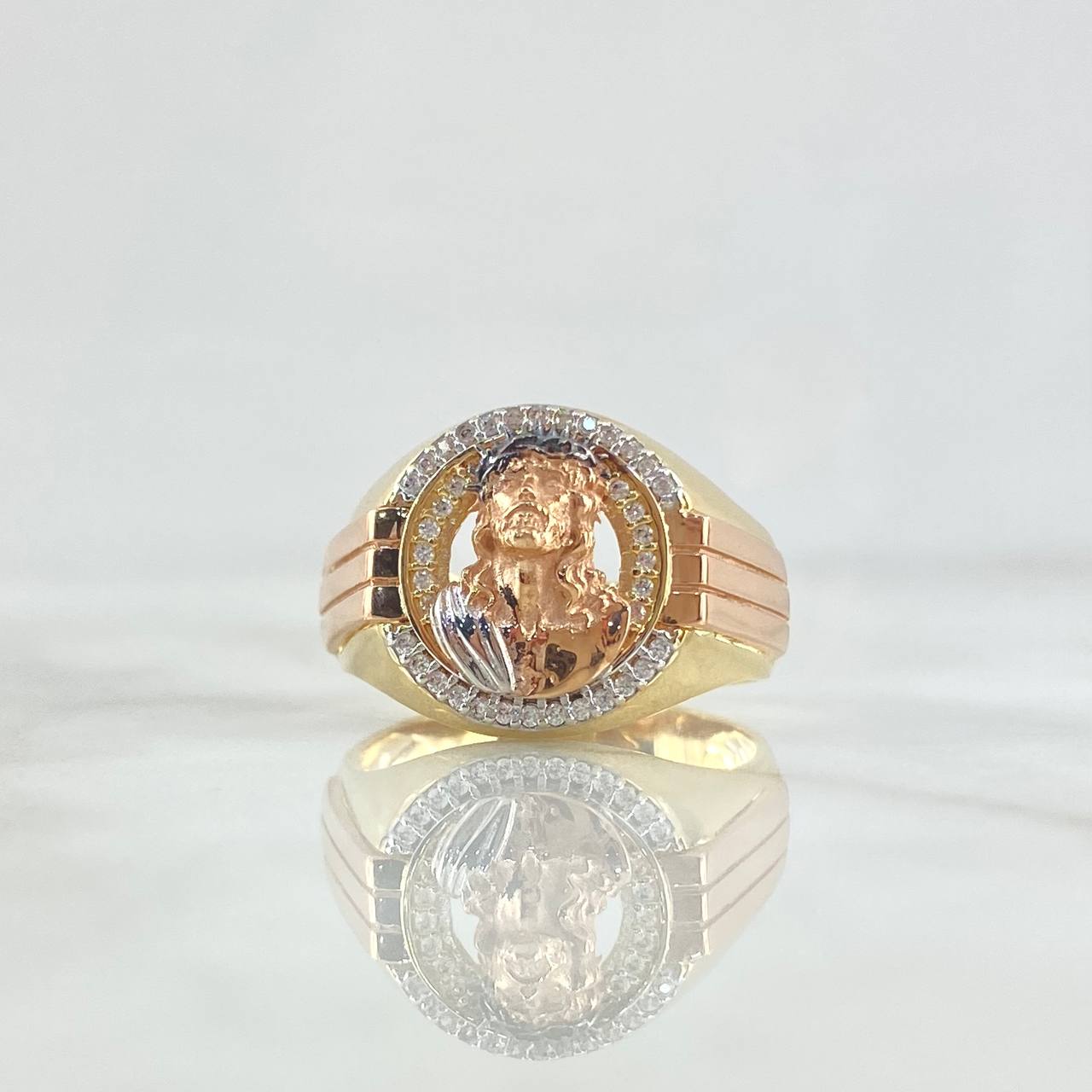 Anillo Rostro Jesus 7.8gr / T10 1/2 / Circones Blancos Tres Oros 18K