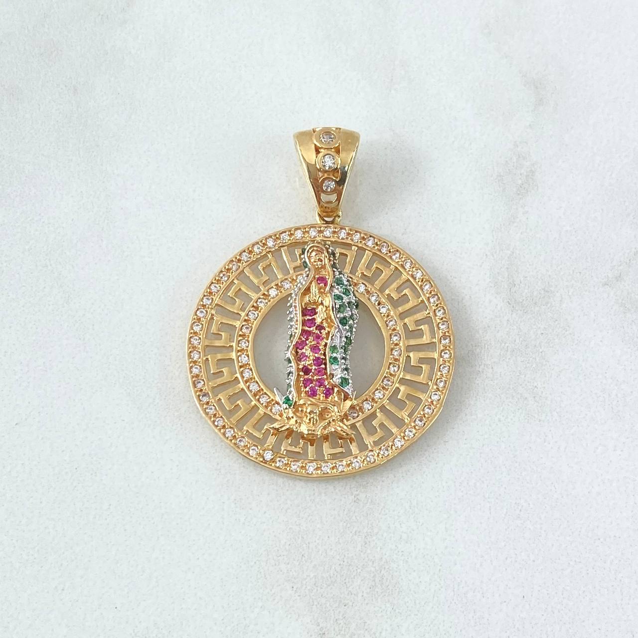 Dije Virgen Guadalupe Tribal 7.9gr / 3.6cm / Circones Blancos - Verdes - Fucsias Dos Oros Amarillo Blanco 18K