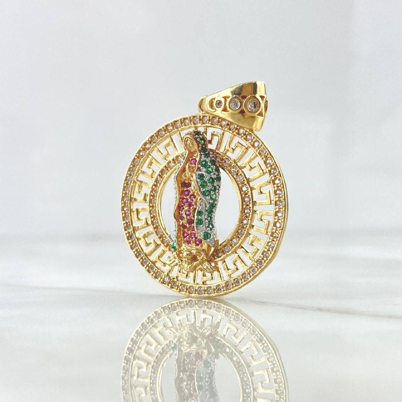 Dije Virgen Guadalupe Tribal 7.9gr / 3.6cm / Circones Blancos - Verdes - Fucsias Dos Oros Amarillo Blanco 18K