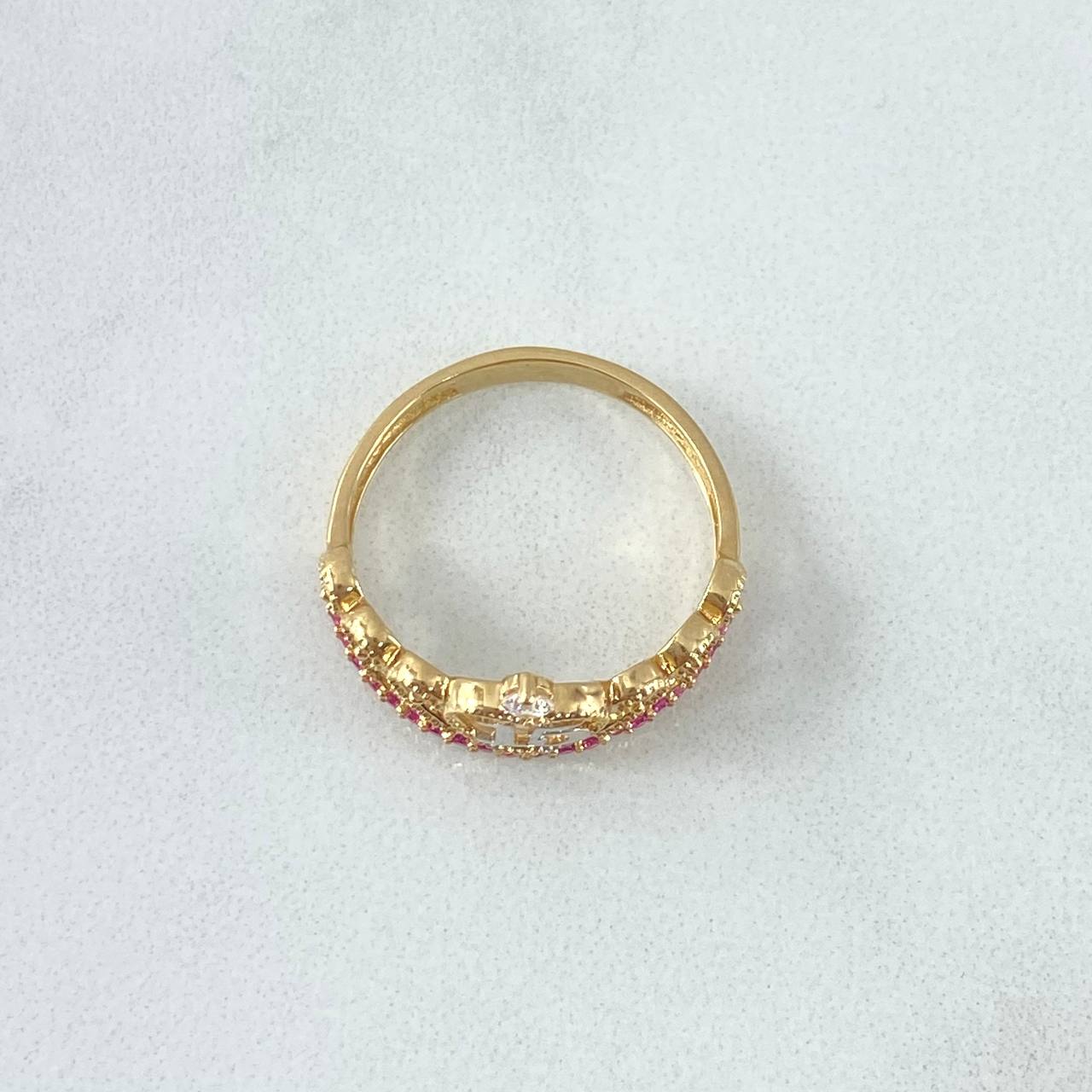 Anillo Corona 15's 2.35gr / T6 1/4 / Circones Blancos - Fucsias Oro Amarillo 18K