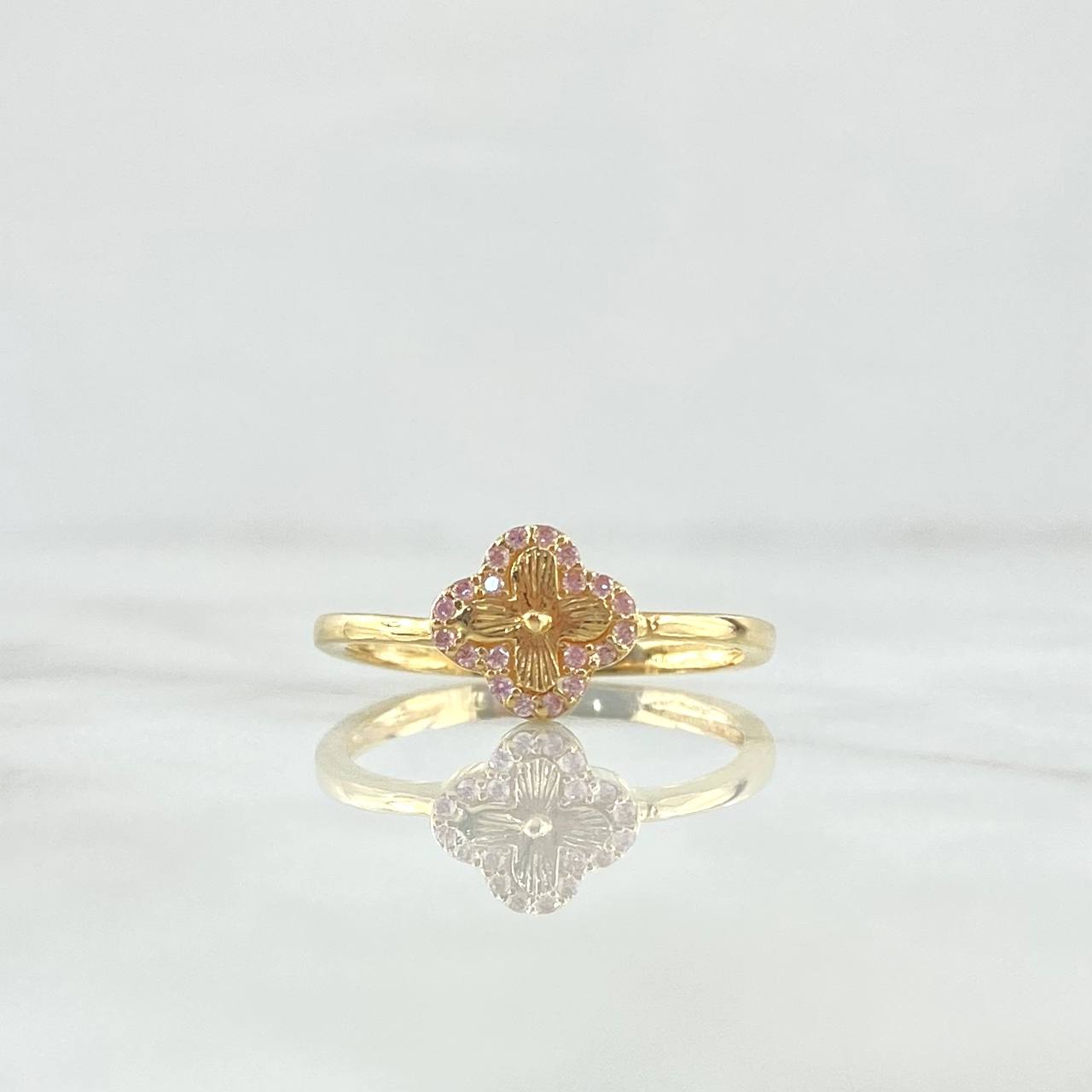 Anillo Trébol VCyA 2.25gr / T8 3/4 / 8mm Rayado - Circones Rosados Oro Amarillo 18K