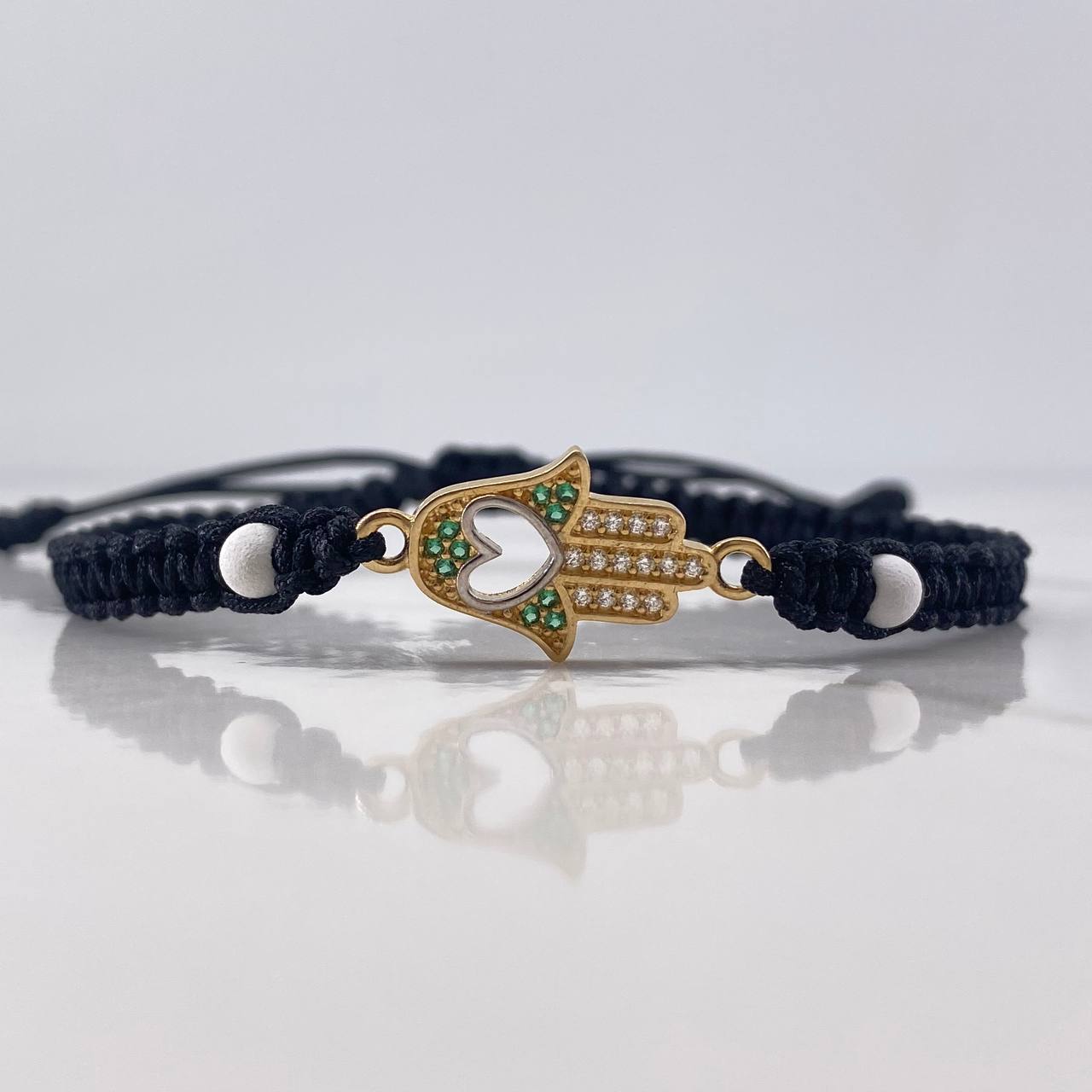 Pulsera Herraje Negra Mano Hamsa 1.25gr / Circones Blancos Verdes Oro Amarillo 18K &