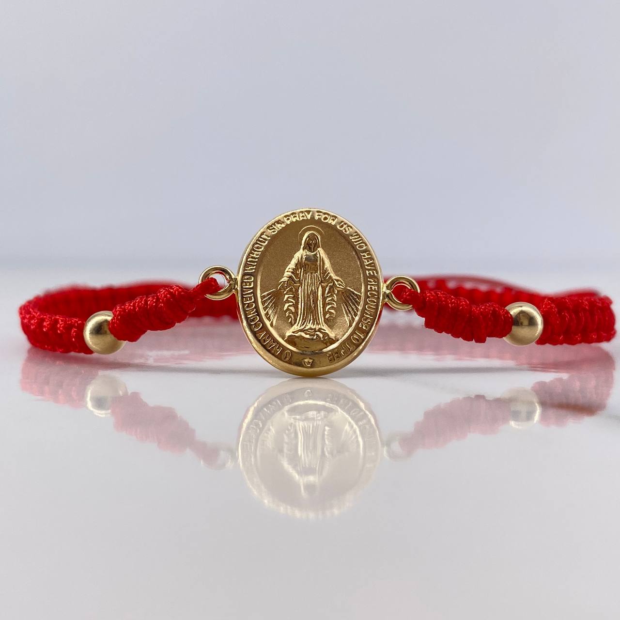 Pulsera Roja Herraje Virgen Milagrosa 1.25gr / 4mm Bolas Lisas Oro Amarillo 18K &