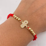 Pulsera Roja Herraje Mano Hamsa 1.75gr / 4mm Bolas Lisas Circones Blancos Oro Amarillo 18K &