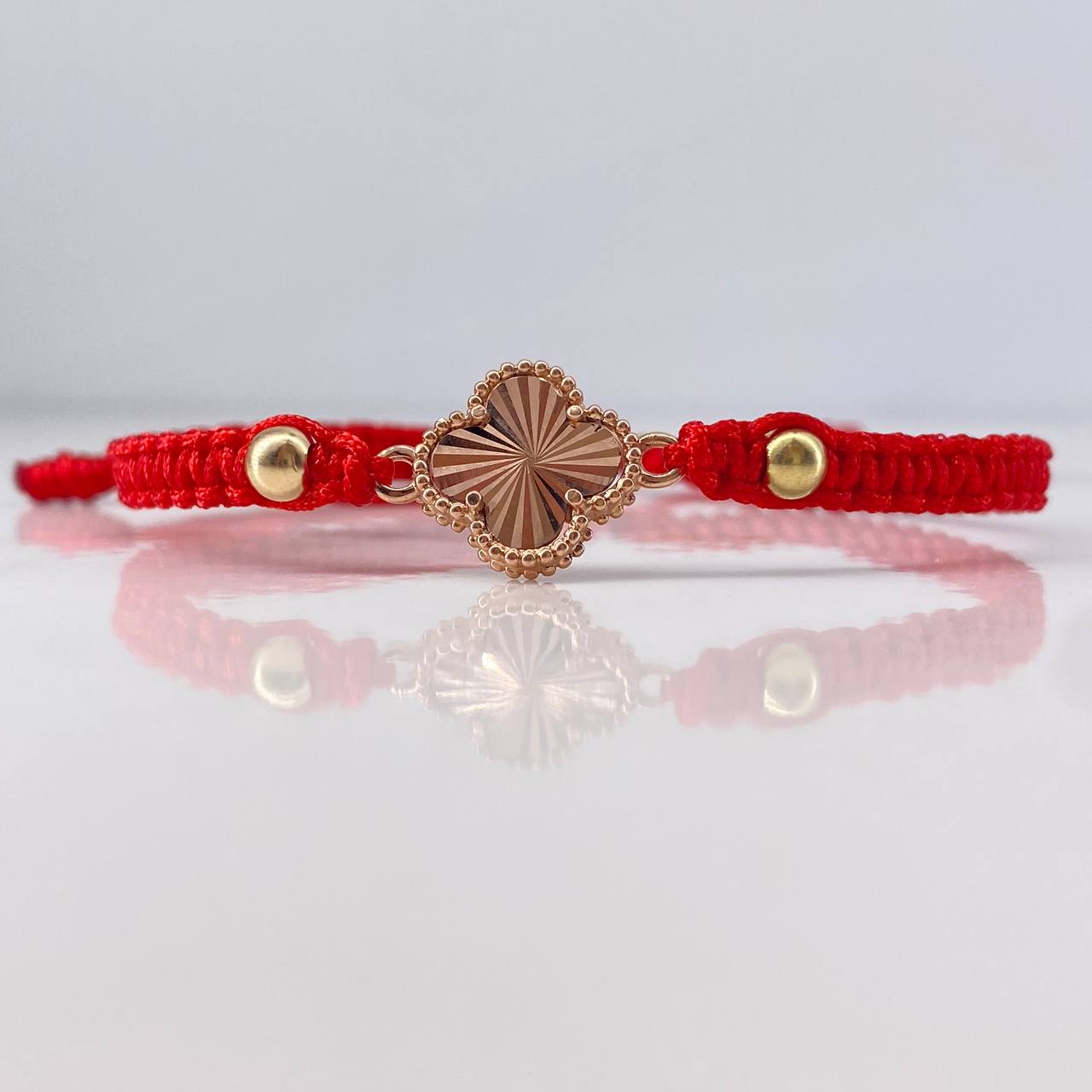 Pulsera Roja Herraje Trébol Diamantado 1.75gr / 4mm Bolas Lisas Oro Rosa 18K &