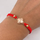 Pulsera Roja Herraje Trébol Diamantado 1.75gr / 4mm Bolas Lisas Oro Rosa 18K &