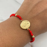 Pulsera Roja Herraje Virgen Milagrosa 1.25gr / 4mm Bolas Lisas Oro Amarillo 18K &