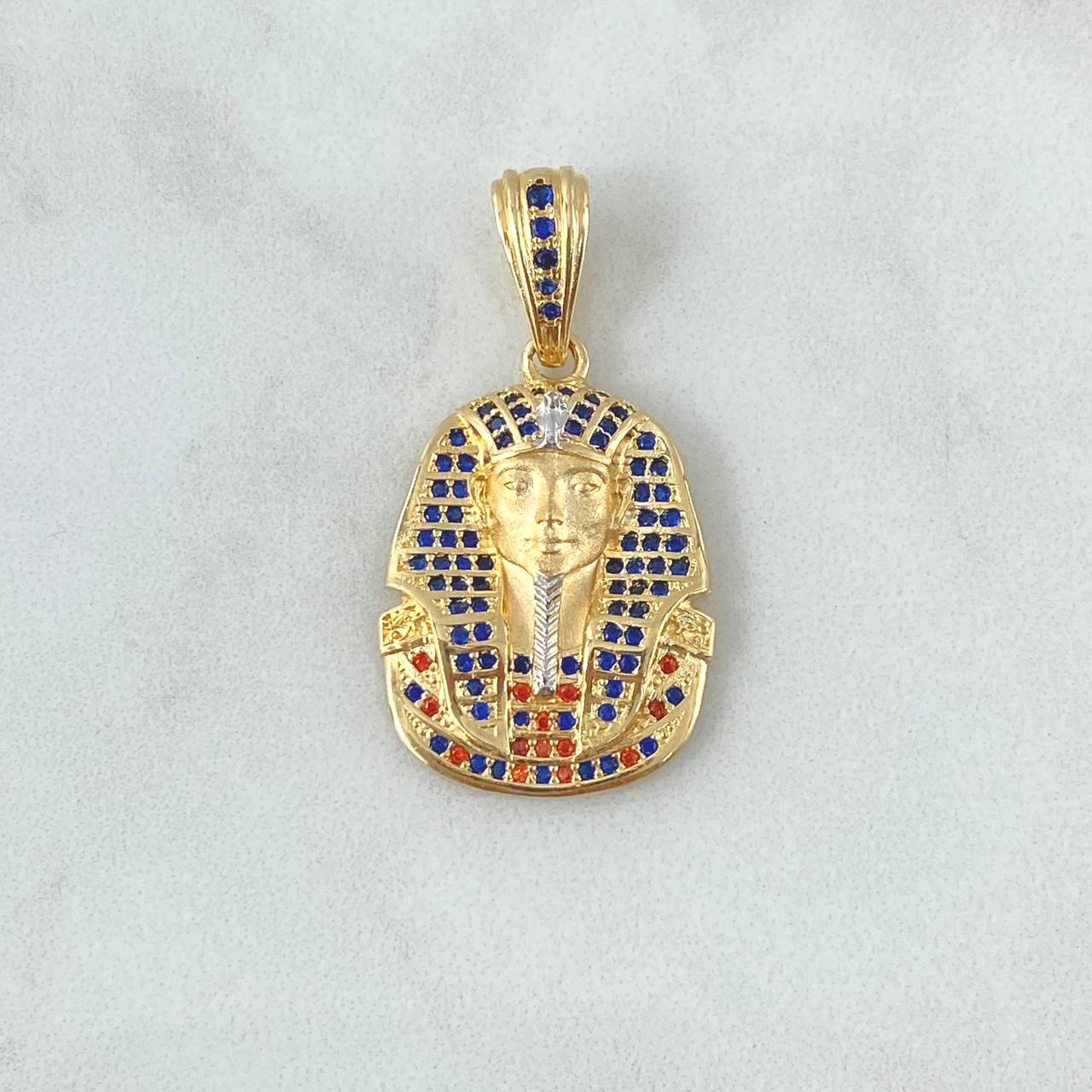 Dije Rostro Faraón Tutankamón 7gr / 3.6cm / Circones Azules - Naranjados Dos Oros Amarillo Blanco 18K