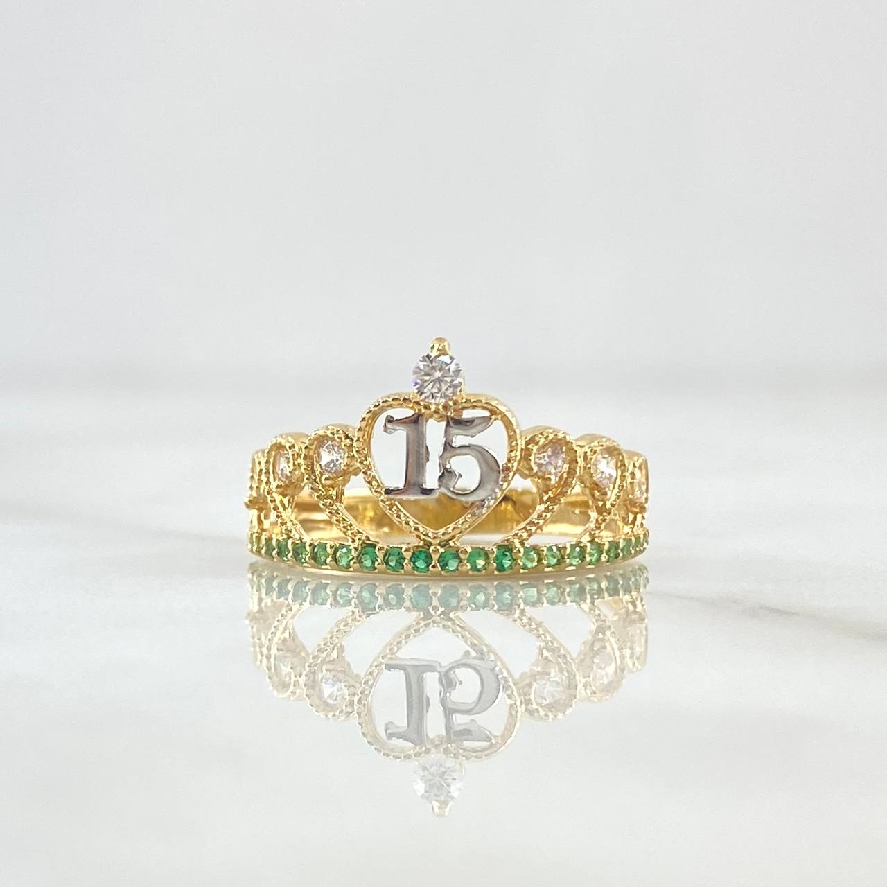 Anillo Corona Quinces 2.25gr / T5 1/2 / Circones Blancos Y Verdes Dos Oros Amarillo Blanco 18K *