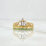 Anillo Corona Quinces 2.25gr / T5 1/2 / Circones Blancos Y Verdes Dos Oros Amarillo Blanco 18K *