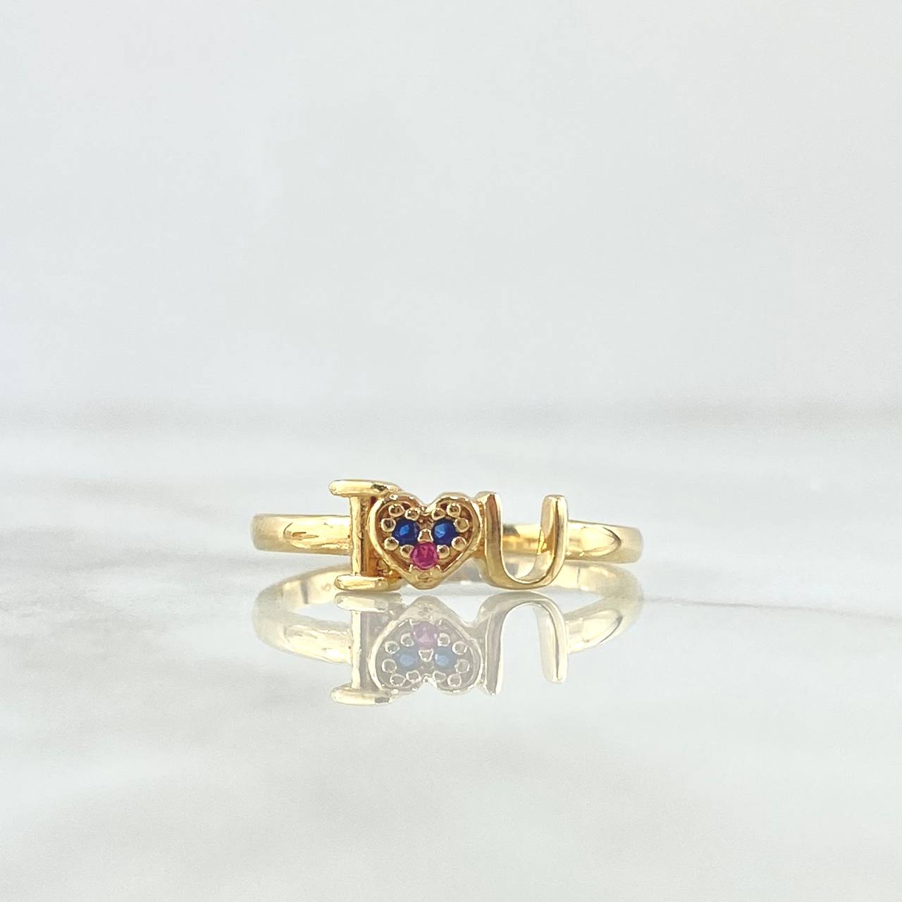 Anillo I love You 1.75gr / T7 1/4 / Circones Azules Y Fucsias Oro Amarillo 18K *