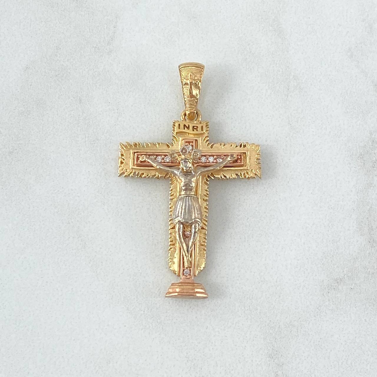 Dije Cruz Cristo INRI 5.95gr / 3.9cm / Circones Blancos Tres Oros 18K *