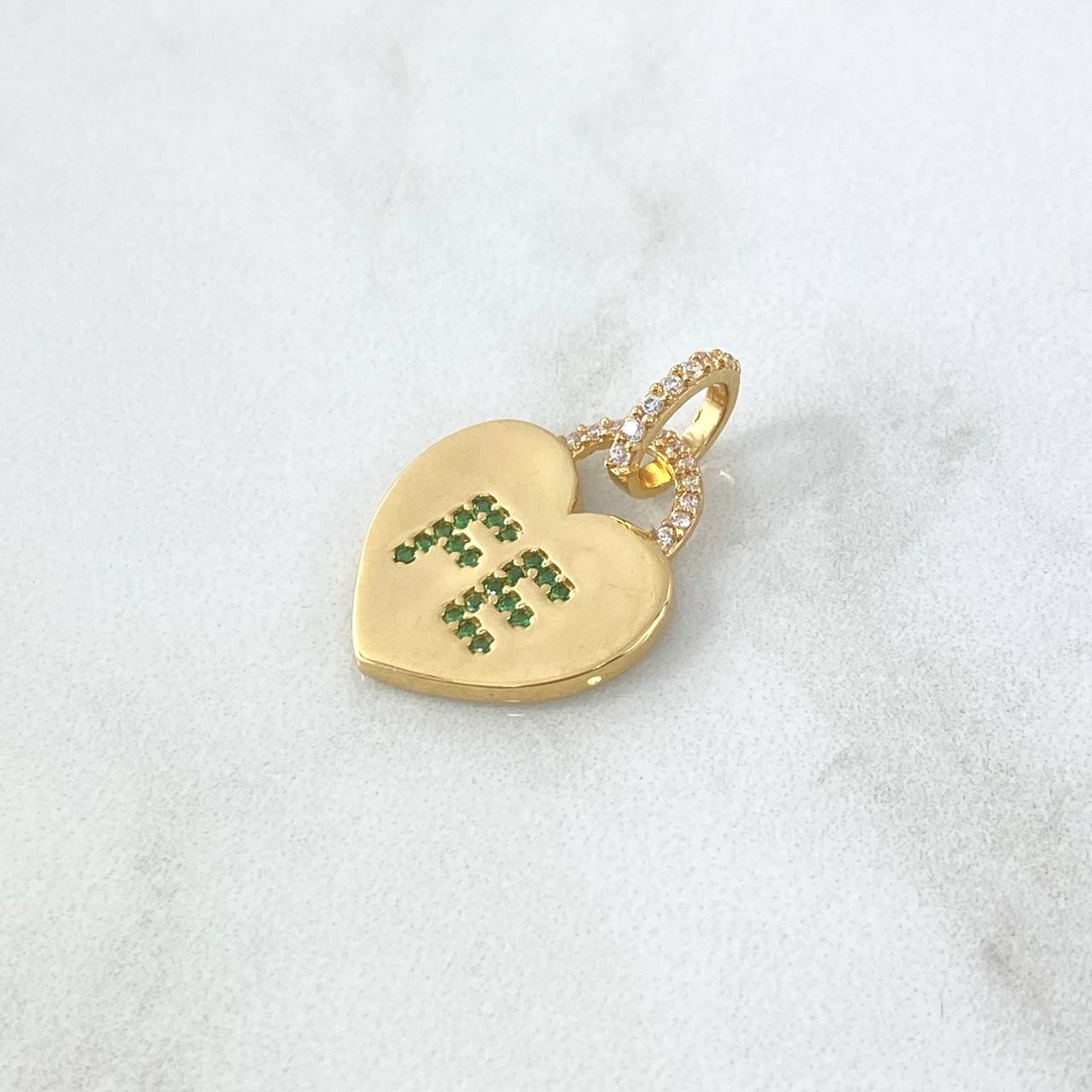 Dije Corazon Candado Fe 2.2gr / 3cm /  Circones Blancos-Verdes Oro Amarillo 18K