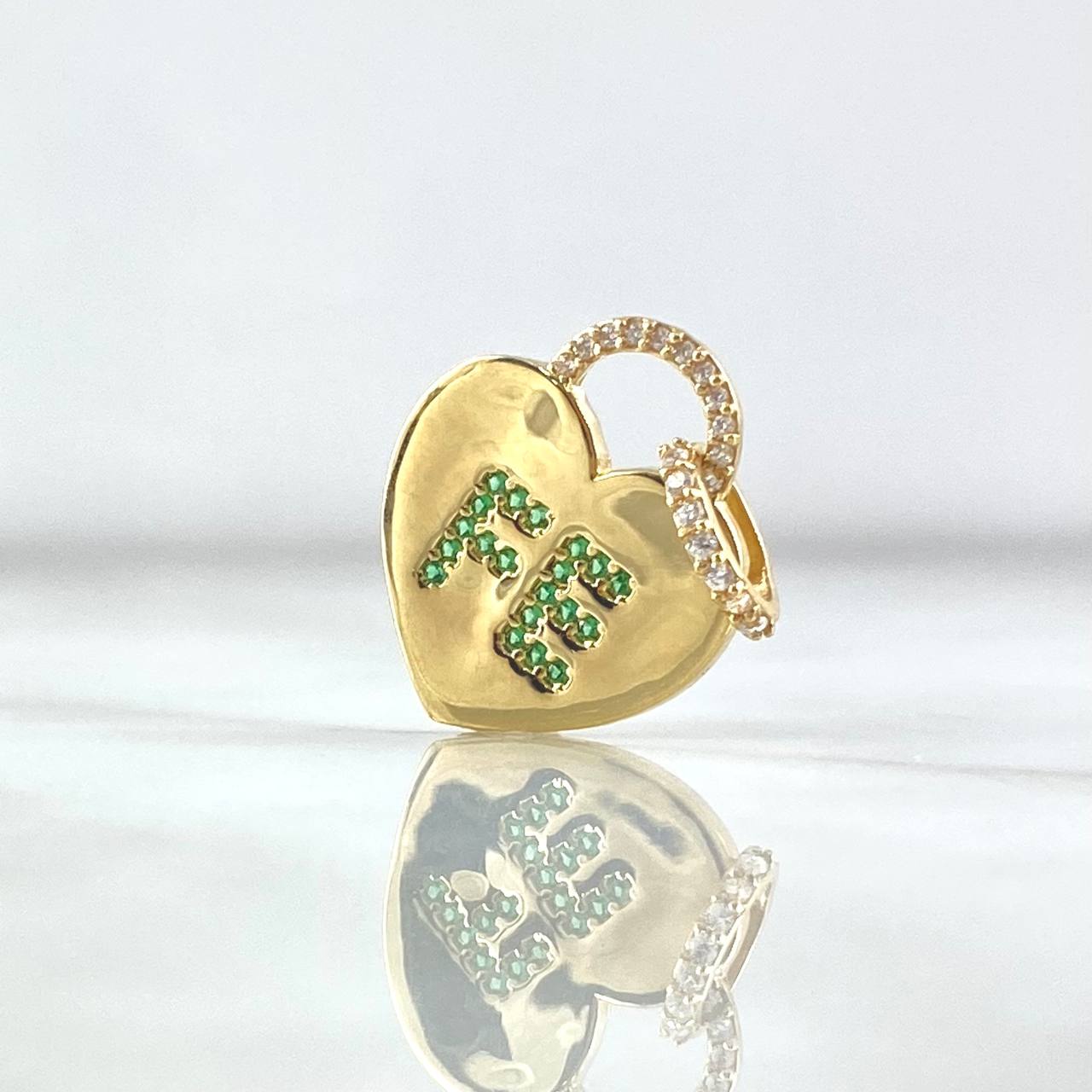 Dije Corazon Candado Fe 2.2gr / 3cm /  Circones Blancos-Verdes Oro Amarillo 18K