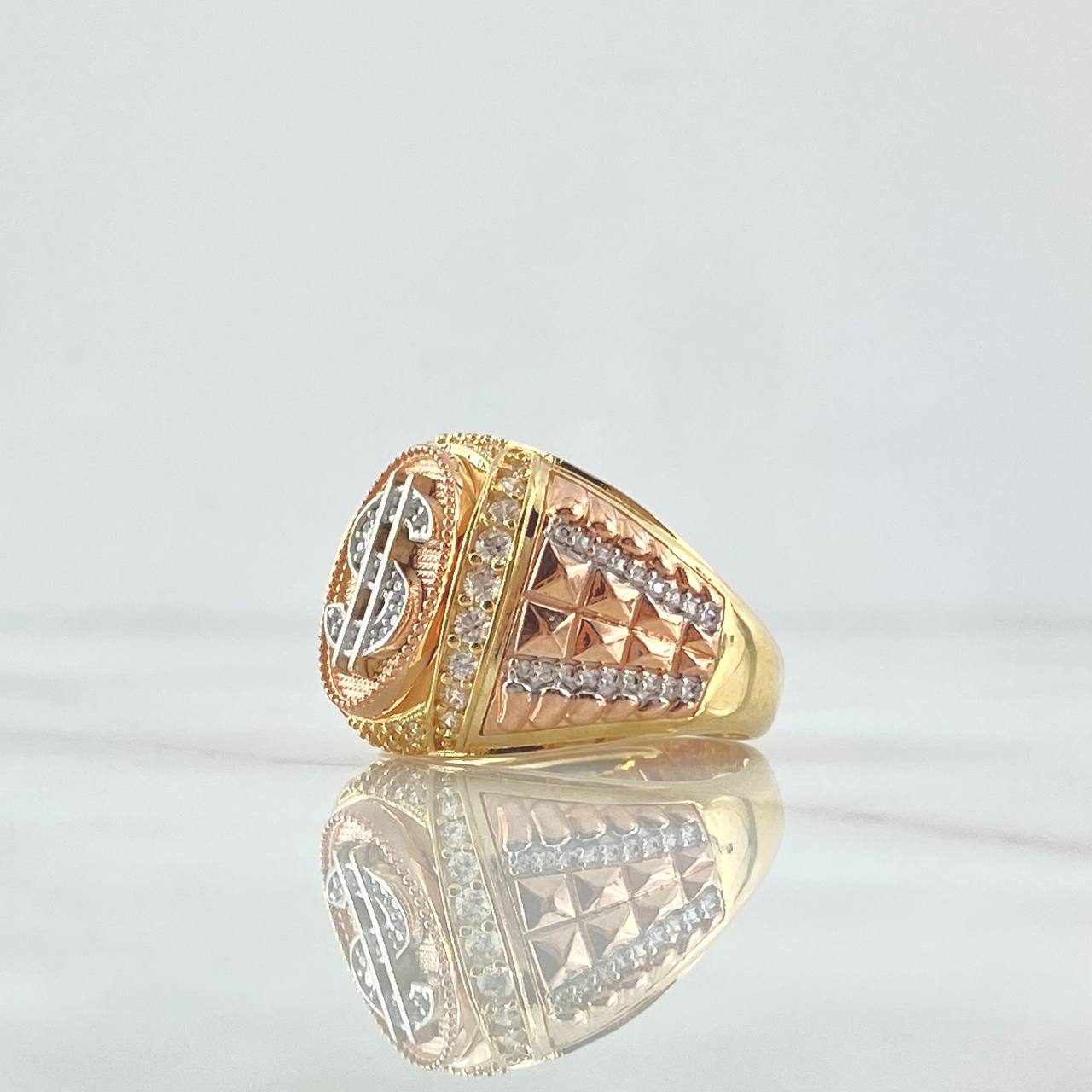 Anillo Sello Signo Dólar 11gr / T10 / Circones Blancos Tres Oros 18K