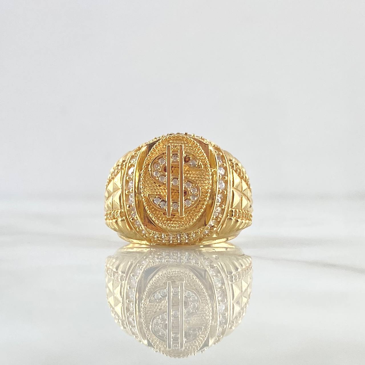 Anillo Sello Signo Dólar 10.55gr / T9 1/2 / Circones Blancos Oro Amarillo 18K