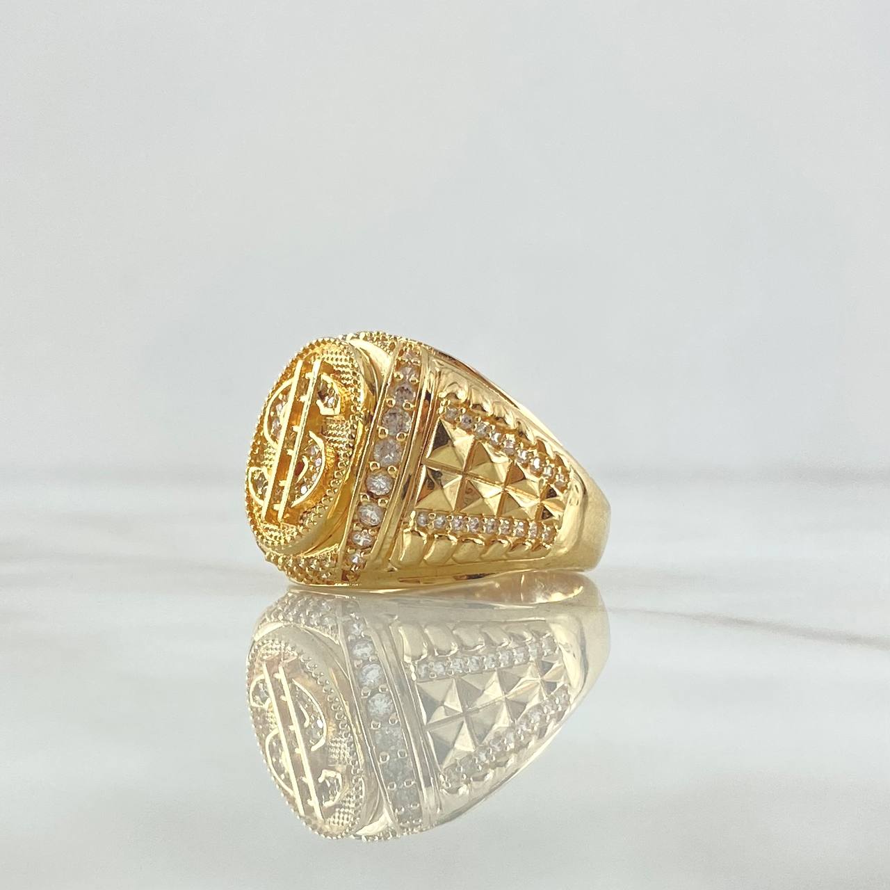 Anillo Sello Signo Dólar 10.55gr / T9 1/2 / Circones Blancos Oro Amarillo 18K