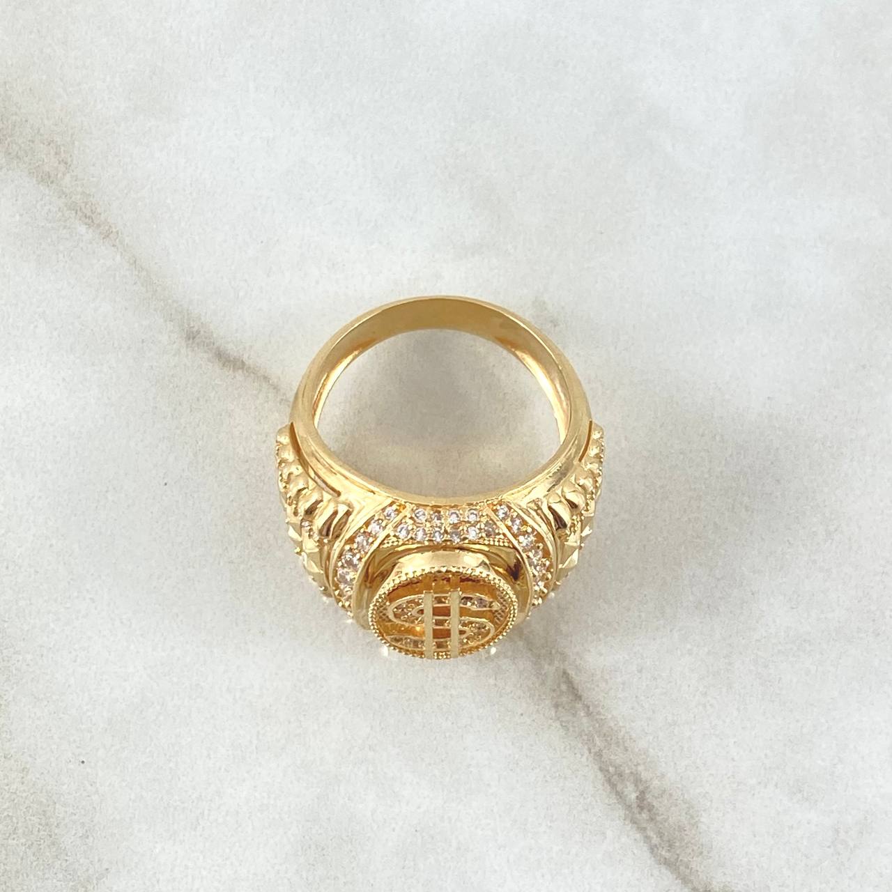 Anillo Sello Signo Dólar 10.55gr / T9 1/2 / Circones Blancos Oro Amarillo 18K