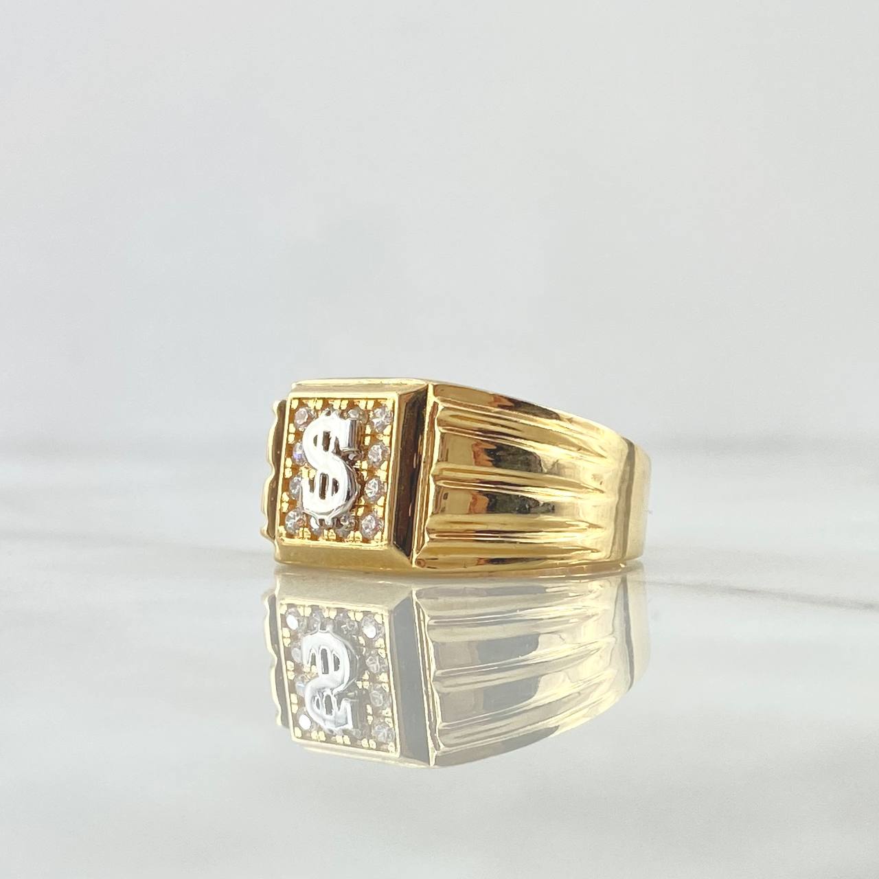 Anillo Sello Signo Dólar 10gr / T11 1/2 / Cuadro Basteado Circones Blancos Dos Oros Amarillo Blanco 18K