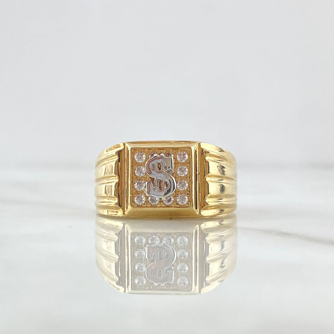 Anillo Sello Signo Dólar 10gr / T11 1/2 / Cuadro Basteado Circones Blancos Dos Oros Amarillo Blanco 18K